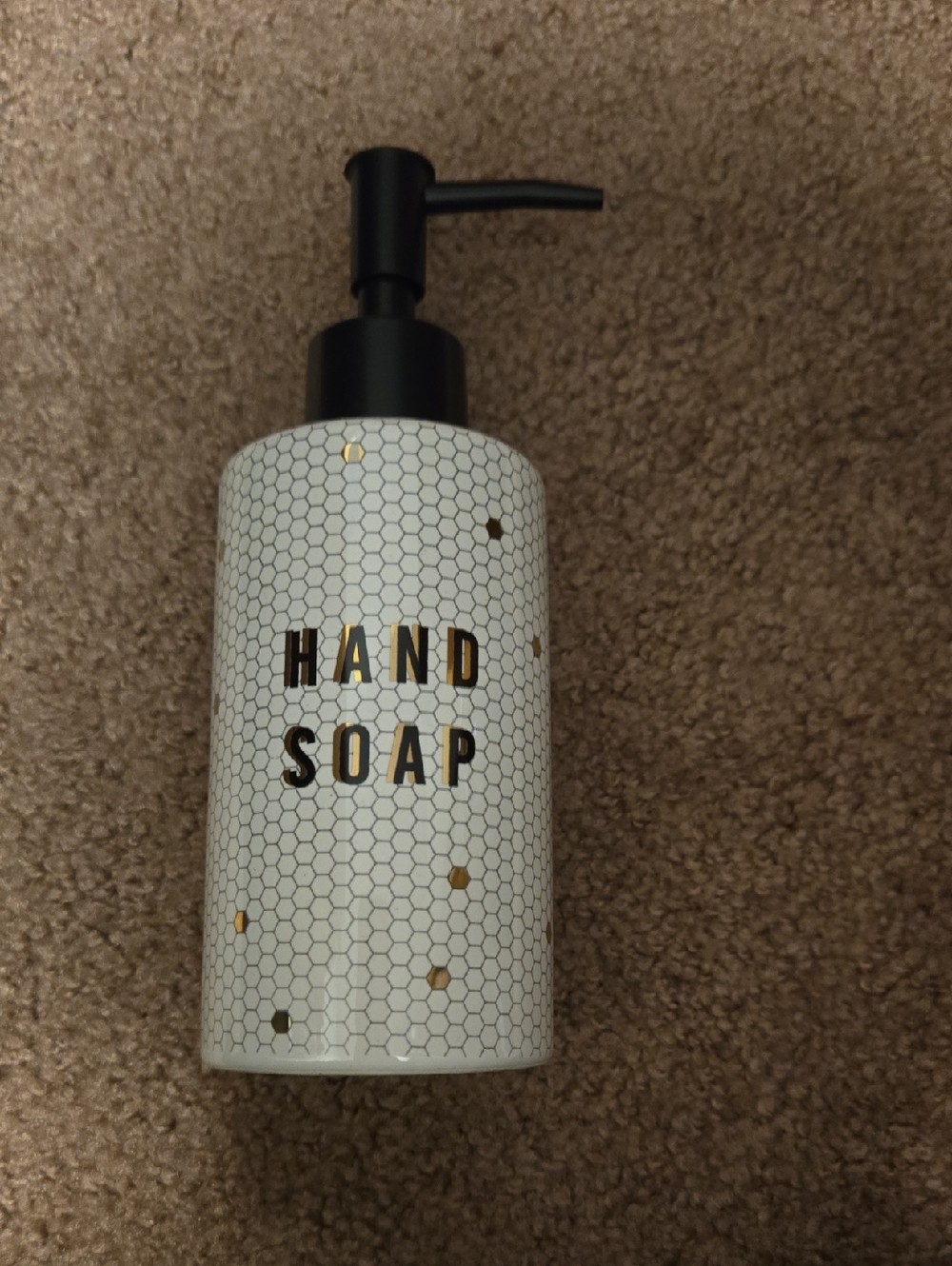 White Hex Pattern Hand Soap Dispenser with Black Pump